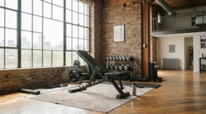 An adjustable weight bench for home gym set up in a modern loft conversion with exposed brick walls.
