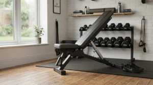 Using an adjustable weight bench for home gym incline press exercises with dumbbells.