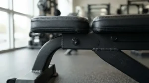 Detailed view of the reinforced steel frame and thick padding on a flat weight bench.