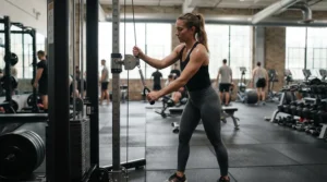 Man adjusting the pulley height on a cable machine for full body workout routine.
