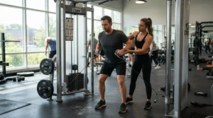 Personal trainer guiding a client on a premium cable machine for full body workout.