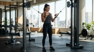 Athletic woman demonstrating a cable machine for full body workout focusing on arm exercises.