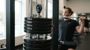 Close-up of a weight stack on a cable machine for full body workout during a heavy resistance session.