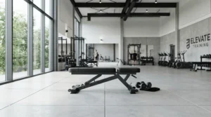 A commercial-grade flat weight bench placed on the matted flooring of a modern fitness facility.