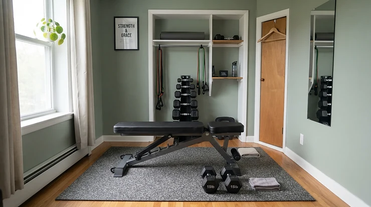 A space-saving flat weight bench set up neatly in a spare room home gym.