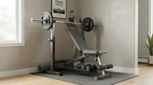 A compact olympic weight bench for home gym designed to fit neatly into a spare bedroom fitness corner.