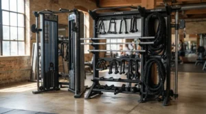 Various handles and attachments stored beside a dual cable machine for home gym
