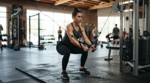 Full body workout session utilizing a dual cable machine for home gym equipment