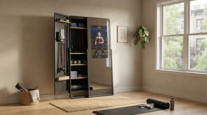 A space-efficient dual cable machine for home gym fitted neatly against a living room wall