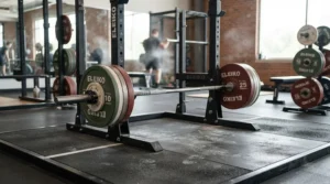 A professional flat bench for powerlifting positioned on a platform with heavy steel weight plates.