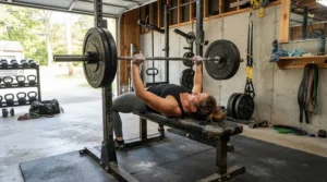 A robust flat weight bench set up in a British garage gym for heavy lifting sessions.