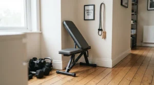 A folding weight bench for small spaces tucked into a quiet corner of a terrace house interior