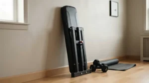 A space-saving weight bench shown in its completely folded flat position for maximum room clearance
