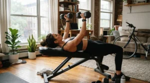 A person performing upper body exercises on a folding weight bench for small spaces in a studio flat