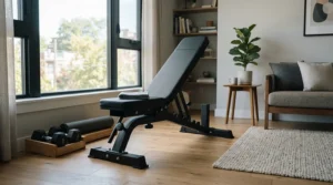 A folding weight bench for small spaces set up in a compact flat living room ready for a home workout
