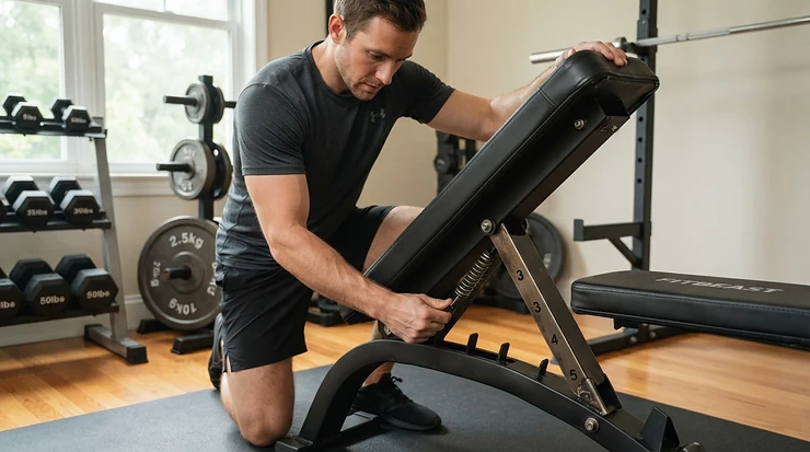 Portable fitness equipment including a folding weight bench for small spaces being adjusted by a user