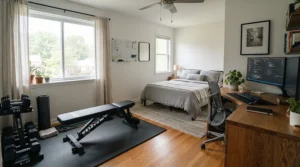 A foldable weight bench for small spaces deployed in a multi-use home office and guest bedroom