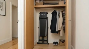 A compact bench for home gym use stored upright inside a narrow hallway cupboard to save floor area