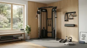A sleek functional trainer for home gym corner placement maximizing space in a suburban house