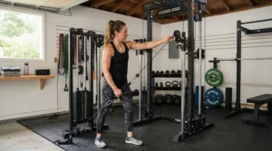 A sturdy functional trainer for home gym installation featuring a dual adjustable pulley system in a converted garage