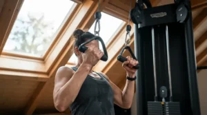 A space-saving functional trainer for home gym use with a dual pulley system fitted into a converted loft