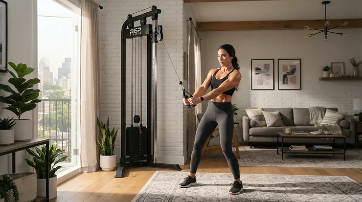 A compact functional trainer for home gym setup being used for a full body workout in a modern London flat