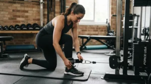 A multi-use functional trainer for home gym workouts being utilized for a lower body leg cable routine