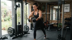 A versatile functional trainer for home gym training showing an upper body cable crossover exercise