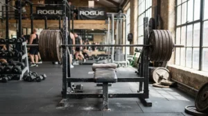 Demonstration of the high weight capacity of a flat weight bench loaded with multiple iron plates.