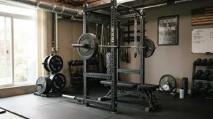 A heavy duty olympic weight bench for home gym featuring an integrated rack for serious strength training routines at home.