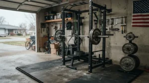 An olympic weight bench for home gym installed in a converted garage with barbell and metal weight plates ready for a workout.