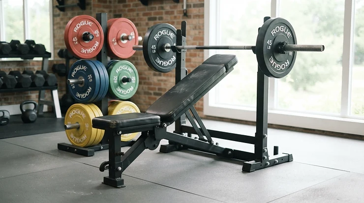 An olympic weight bench for home gym showing integrated weight plate storage pegs loaded with bumper plates.