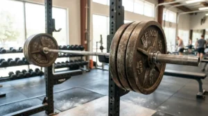 Close-up of an olympic weight bench for home gym loaded with an olympic barbell and cast iron weight plates.