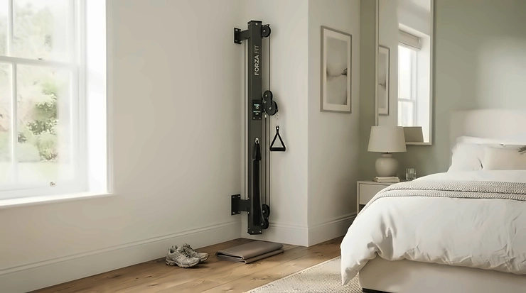 Discreet single cable station for small spaces fitted against a white wall in a tidy master bedroom.
