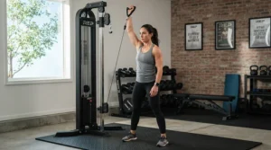 Fitness enthusiast using a single cable station for small spaces to complete shoulder press exercises.