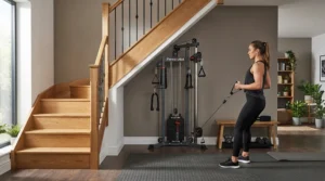 Clever positioning of a single cable station for small spaces fitted neatly into an alcove under the stairs.