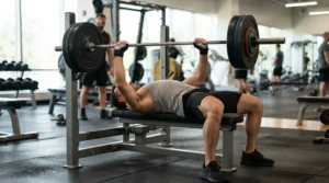 Close-up of a sturdy flat bench supporting a lifter demonstrating correct bench press technique.