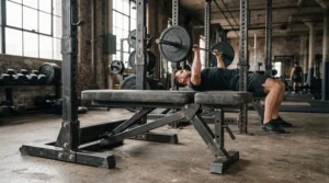 A sturdy olympic weight bench for home gym built with thick steel box section framework for heavy loading.