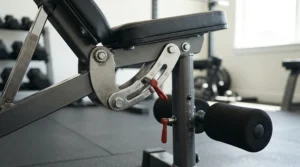 Close-up of a mid-range adjustable weight bench with leg extension attachment showing incline settings