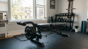 A flat weight bench with leg extension attachment ready for dumbbell presses in a flat