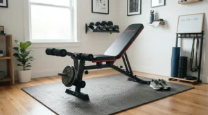 A sturdy weight bench with leg extension attachment set up in a bright British spare room home gym