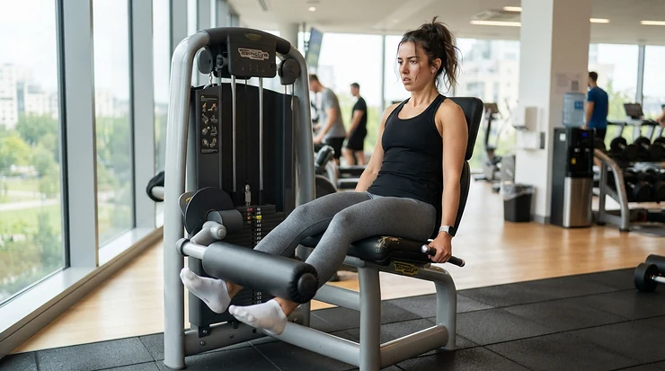 Fitness enthusiast performing seated leg extension exercises on a weight bench with leg extension attachment