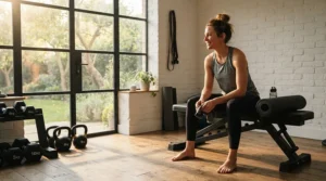 Morning workout routine utilizing a sturdy weight bench with leg extension attachment at home