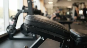 Detailed view of durable padded upholstery on a weight bench with leg extension attachment