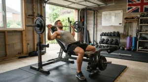 A comprehensive weight bench with leg extension attachment and integrated barbell rack in a garage gym